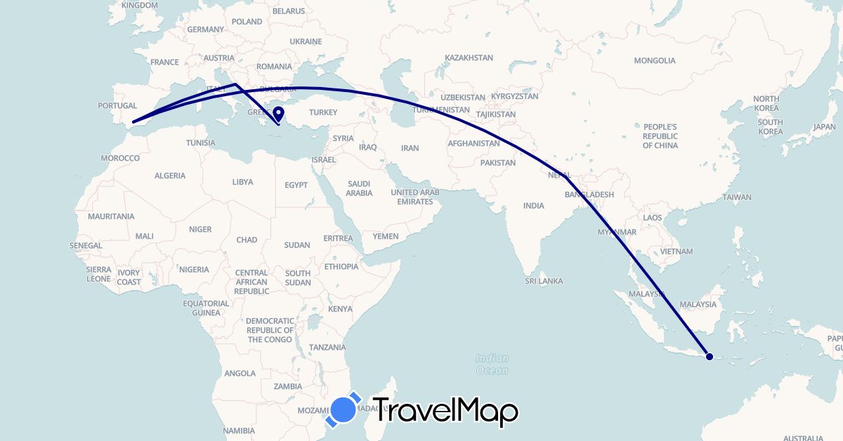 TravelMap itinerary: driving in Spain, Greece, Croatia, Indonesia, Nepal (Asia, Europe)